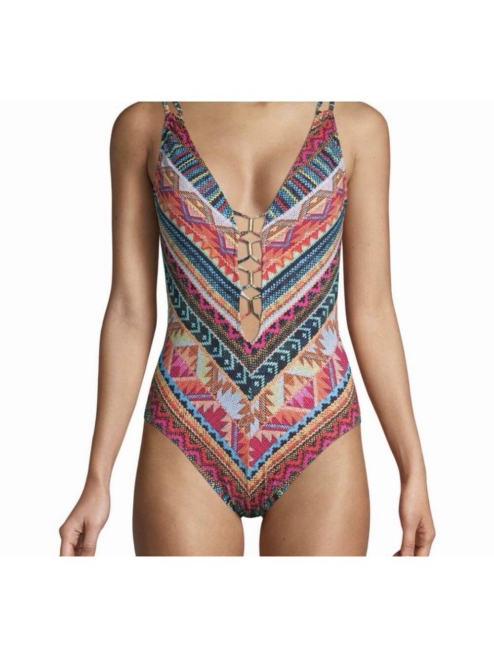 La Blanca Boho Tribal Lace-Up One Piece Swimsuit Multicolor Geometric Sz 2 Beach